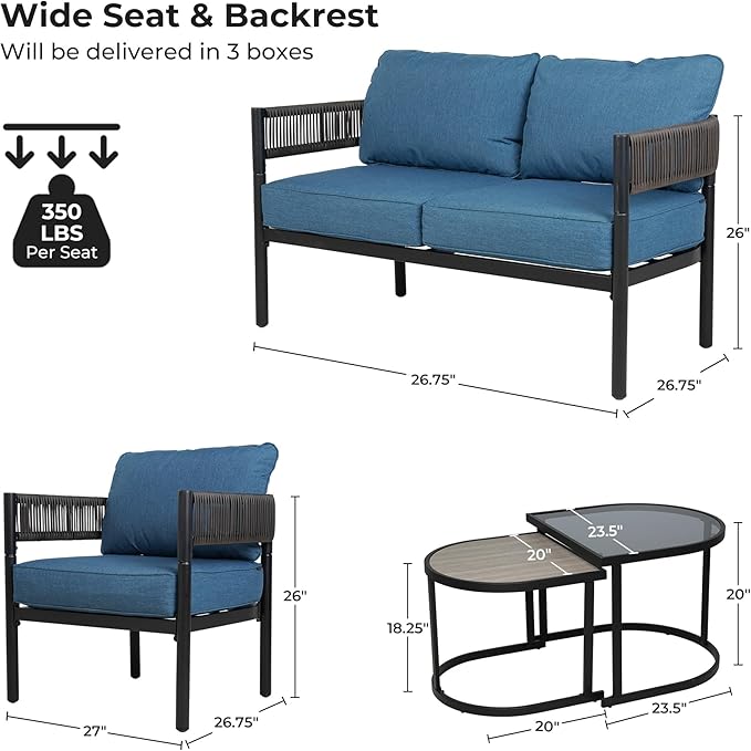 Grand patio 6-Piece Outdoor Furniture Set, 6 Seats Wicker Sofa Conversation Set with Thick Cushions and Coffee Table, for Backyard, Balcony, Garden (Peacock Blue)