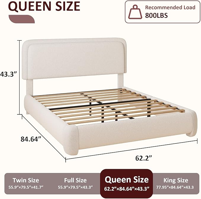 Queen Boucle Platform Bed Frame with Height Adjustable Headboard, Modern Upholstered Cloud Bed, Sleek Curved Design, No Box Spring Needed, Easy Assembly, Noise Free, White