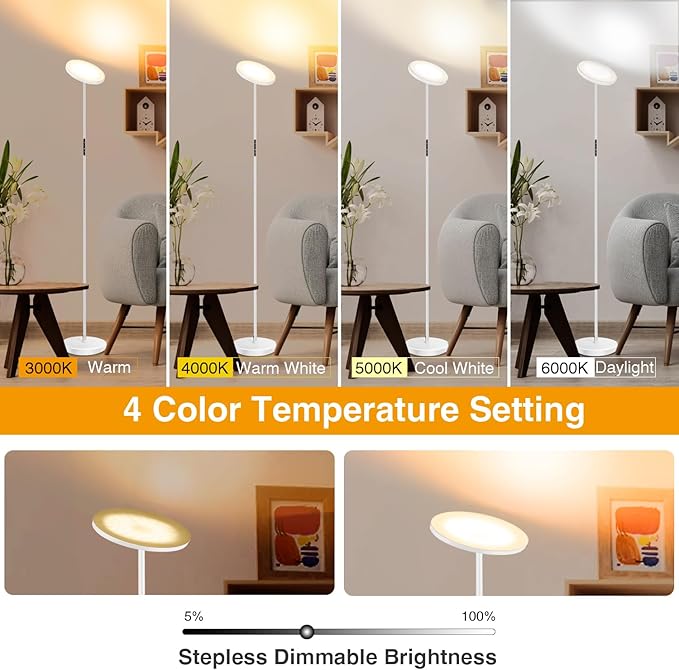 OUTON Floor Lamp, 30W/3000LM LED Modern Torchiere Sky Lamp, Bright Dimmable Standing Tall Lamp with 4 Color Temperatures, Remote Touch Control, 1 Hour Timer for Living Room Bedroom Office, White