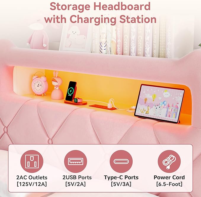 Queen Upholstered LED Bed Frame with 2 Storage Drawers and 2-Tier Storage Headboard,Velvet Princess Platform Bed with Charging Station & Bookcase,Heavy Duty Metal Support,No Box Spring Needed,Pink