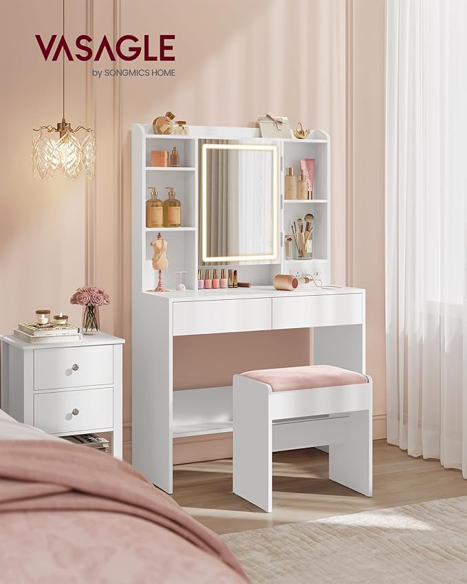 VASAGLE KAILYN Collection - Vanity Desk with Power Outlets, Makeup Vanity with Mirror and Lights, Upholstered Vanity Stool, LED Lights, 6 Compartments, 2 Drawers, for Bedroom, Cloud White URDT031W01