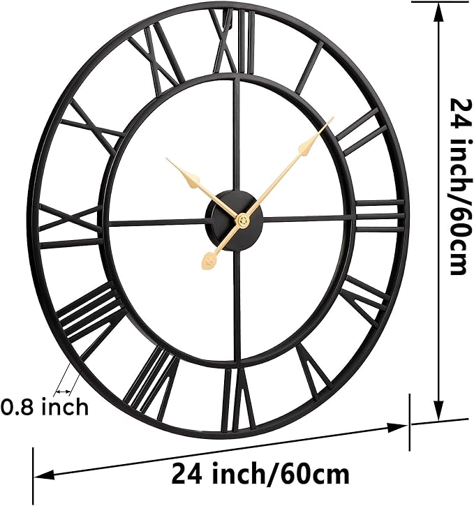 Vantic 24 Inch Large Wall Clock, Roman Numeral Metal Oversized Wall Clocks for Living Room Decor, Bedroom and Kitchen, Completely Silent, Non Ticking, Battery Operated