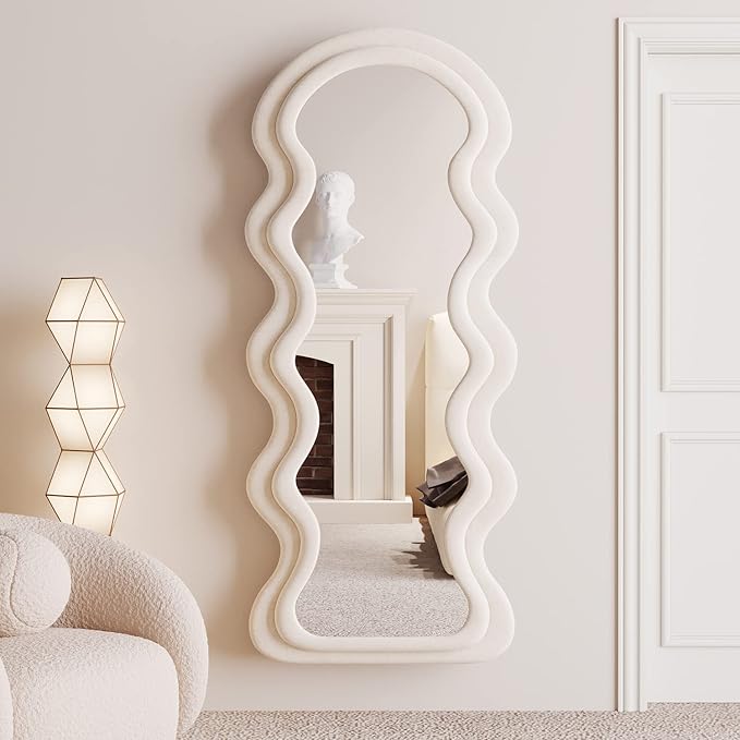 BOJOY Full Length Wavy Arched Mirror, 63x24in, Wall Mount/Standing/Leaning - White