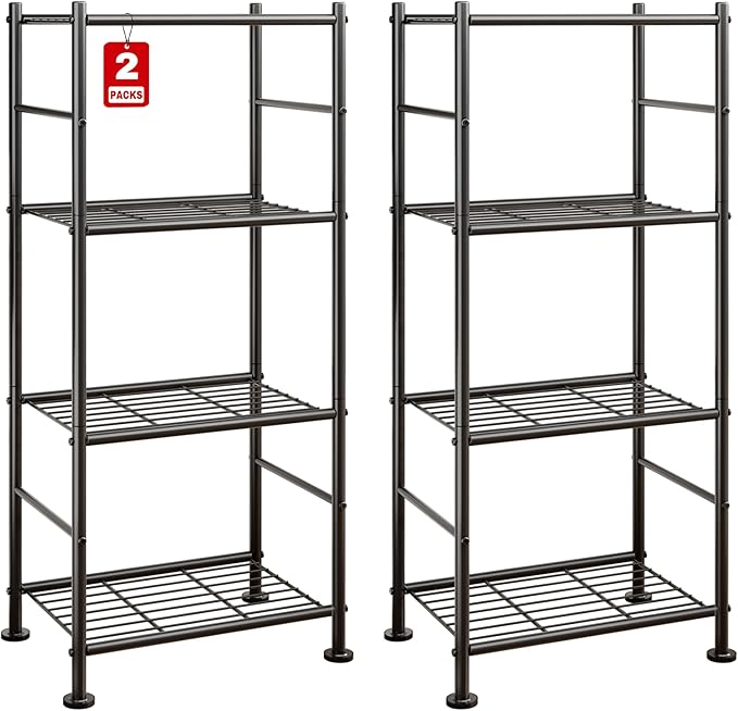 2-Pack Storage Shelves - 4-Tier Metal Wire Shelf Organizer, Slim Shelf Rack with Adjustable Feet for Laundry Room, Kitchen, Garage Organization, 18.2" x 12.3" x 43.7", Black