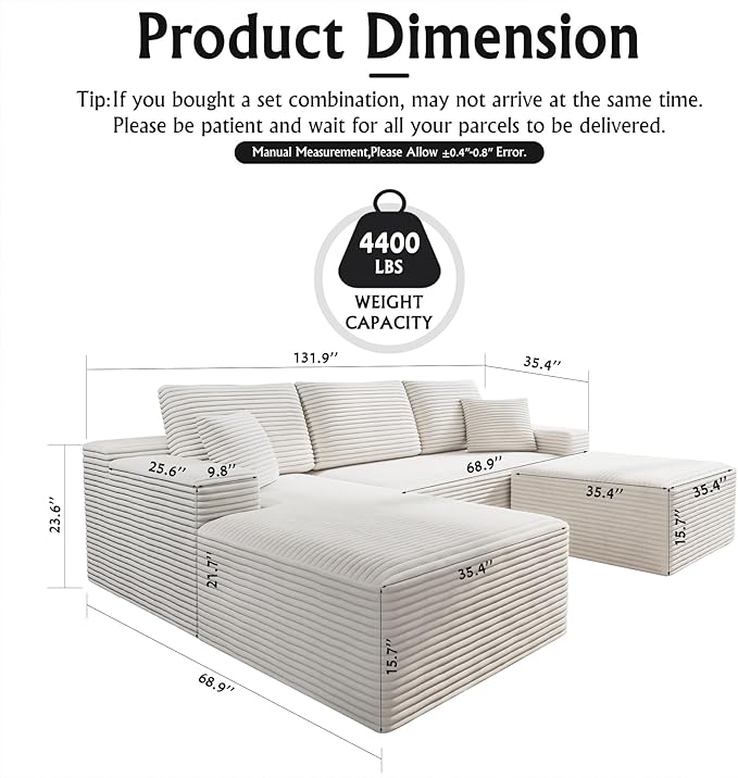 3-Piece Boneless Modular Sectional Sofa, Cloud Couch, Left Facing Chaise with Ottoman, Oversized Deep Seat, Soft Corduroy Fabric, Sectional Couch for Living Room-White