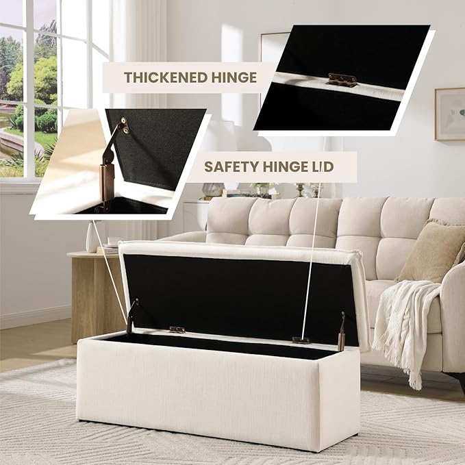 45.5 Inch Storage Ottoman Bench, Modern Upholstered Linen End of Bed Bench with 2 Safety Hinge, Entryway Bench with Seating for Bedroom Living Room, Beige