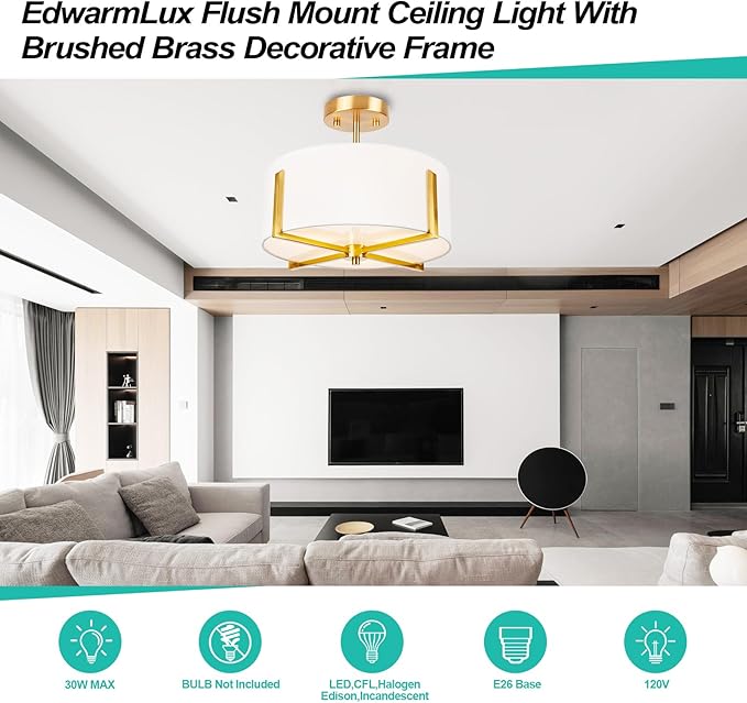 3-Light Semi Flush Mount Ceiling Light Fixture, 13.7" Gold Drum Light with White Fabric Shade, Modern Close to Ceiling Lamp for Living Room Bedroom Dining Room Kitchen Hallway Entry Foyer