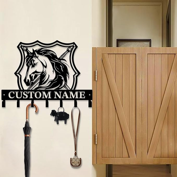 Custom Horse Key Hook - Personalized Forged Iron Wall Keys Holder with Equestrian Design, Black Metal Home Decor for Horse Theme Lovers (Style E)