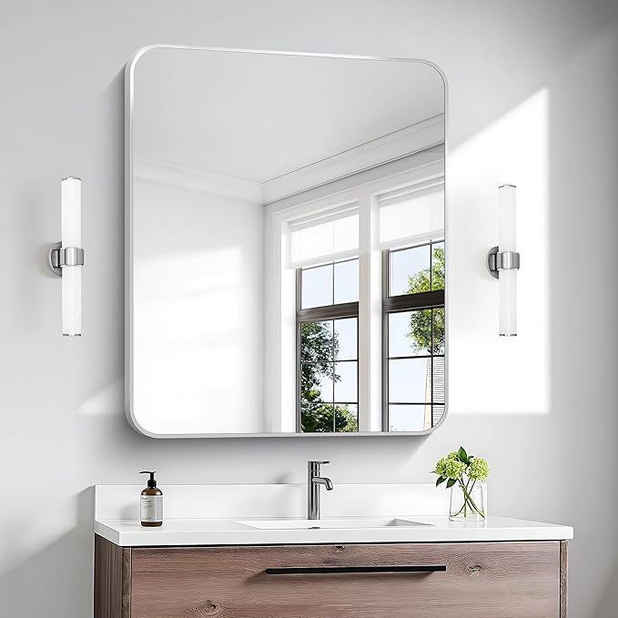 BONEWEI Silver Bathroom Mirror,30x36 inch Wall Mirror for Bathroom Wall Mounted,Rectangle Mirror for Bathroom Over Sink,Modern Frame Round Corner for Living Room,Bedroom Entryway,Horizontal/Vertical