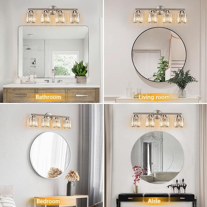 Modern 4 Light Crystal Vanity Light, Brushed Nickel Vertical Bathroom Light Fixture Over Mirror for Dressing Table Sink, Compatible with Dimmable Bulbs (Bulbs Not Included)