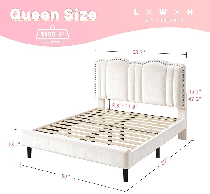 EnHomee Queen Bed Frame with LED and Velvet Headboard, Bed Frame Queen Size with Adjustable Cute Cloud Headboard, Strong Support, Noise Free, No Box Spring Needed, Easy Assembly, Cream