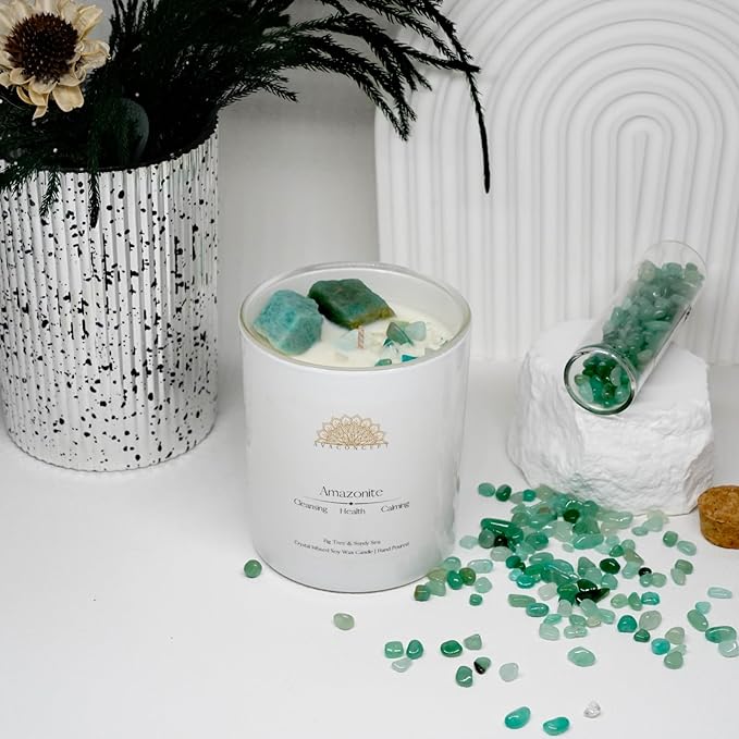 Crystal Candles Scented - Fig Tree Sandy Sea Aromatherapy Candle with Amazonite for Women - Soy Candles for Meditation Home Decor - 10 oz