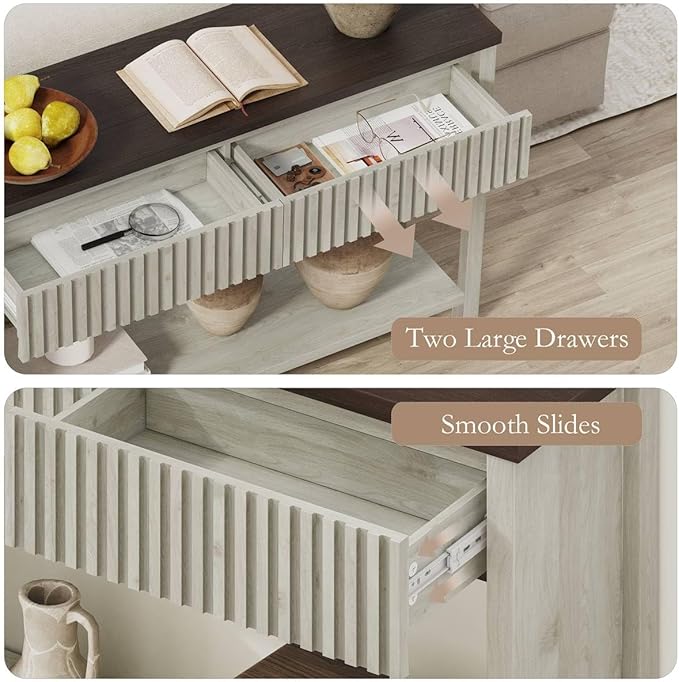 BON AUGURE Entryway Table with Storage, 47In Console Table with 2 Drawers, Two-Tier Sofa Console Tables for Living Room, Modern Hallway Tables, Walnut and Washed Grey Oak