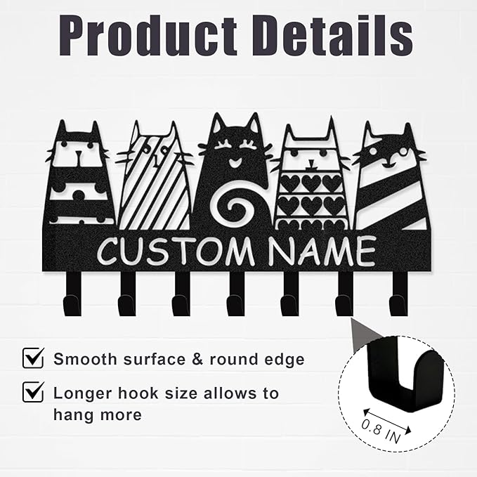 Dyoart Personalized Key Holder Wall Mount - Custom Name Cat Key Holder for Wall, Black Pet Wall Art Decor, Housewarming Gifts, Key Rack Coat Rack Organizer for Storage, Living Room, Hallway