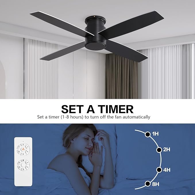 WINGBO 44" Flush Mount DC Ceiling Fan without Lights, 4 Reversible Plywood Blades, Quiet 6-Speed DC Motor, Hugger Low Profile Ceiling Fan No Lights for Bedroom, Black Finish