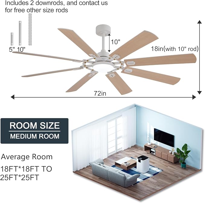 BOOMJOY 72 Inch Ceiling Fans with Lights and Remote, Indoor/Outdoor Ceiling Fan with Light, 8 Blades, Reversible Quiet DC Motor,Modern White Large Ceiling Fan for Living Room Patio Bedroom