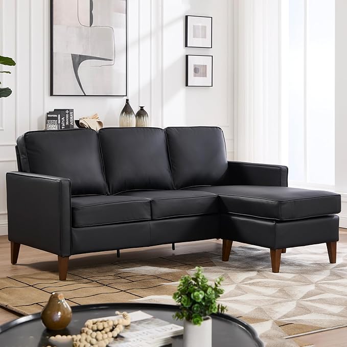 EBELLO Sectional Sofa Couch, L Shaped Couch Faux Leather with Reversible Chaise, Lounge Sofa for Living Room Apartment Small Space, Black