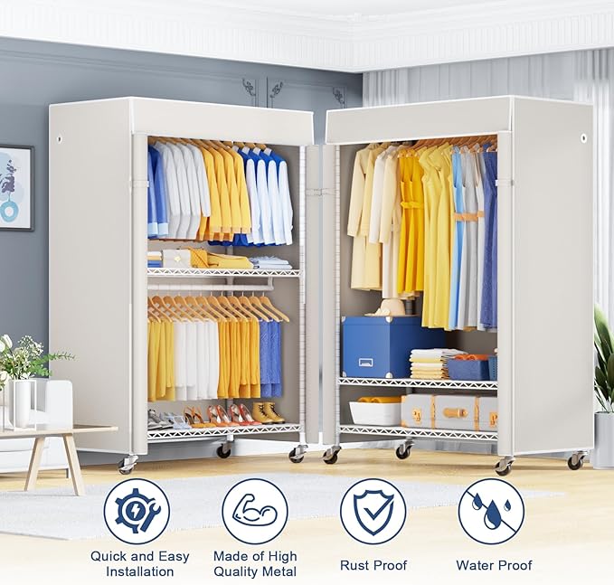 P8C Heavy Duty Clothes Rack（With Extended Width Design） Rolling Clothing Racks for Hanging Clothes with Lockable Wheels，51.2"W x 15.8"D x 80.5"H，Max Load 700LBS，White Rack with White Cover