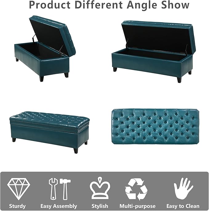 Setawix PU Leather Storage Benches for Bedroom,50" Bed End Bench with Storage,Tufted Teal Storage Ottoman Bench for Living Room,Rectangle Entryway Benches with Storage and Seating (Teal, PU Leather)