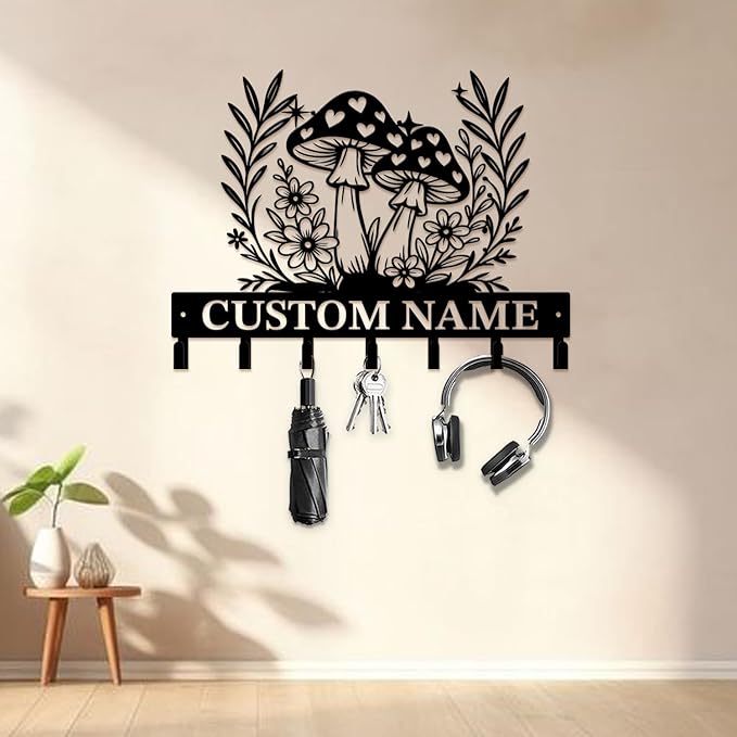 Customized Keys Holder - Personalized Mushroom Wonderland Key Hooks Wall Metal Sign Decor,Wall Holder,Door Hook (Style D)