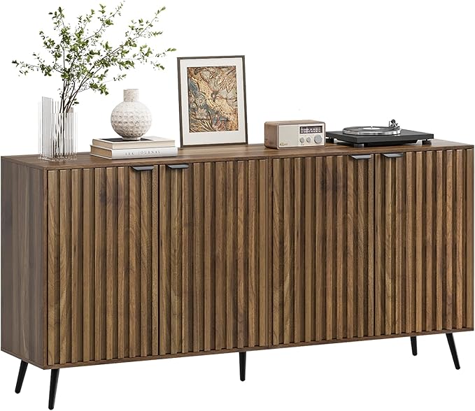 Smuxee 63" Fluted Sideboard Cabinet, Freestanding Walnut Buffet Cabinet with Adjustable Shelf, Wood Storage Cabinet for Living Room, Entryway, Hallway