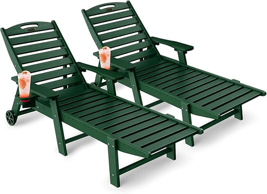 Lounge Chair Outdoor Set of 2, 6-Position Adjustable Chaise Lounge Outdoor with Wheels, Lounge Chair with Cup Holder for Pool Poolside Deck Backyard Patio, Green