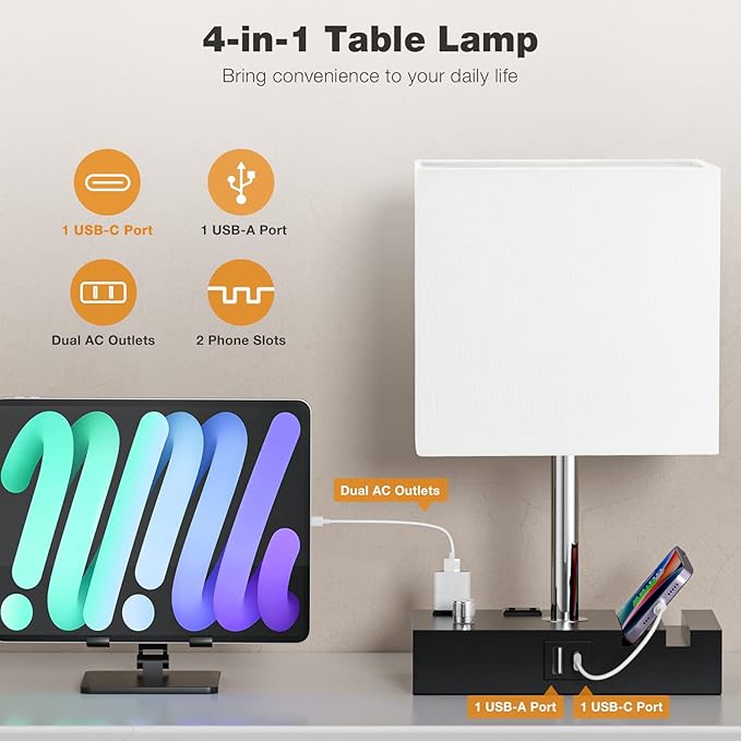 Fully Dimmable Bedside Lamps for Bedroom with USB C Ports, Kakanuo White USB Table Lamp Set of 2, Wooden Desk Lamp with 2 Charging Outlets and Phone Stand for Nightstand and Living Room, Bulb Included