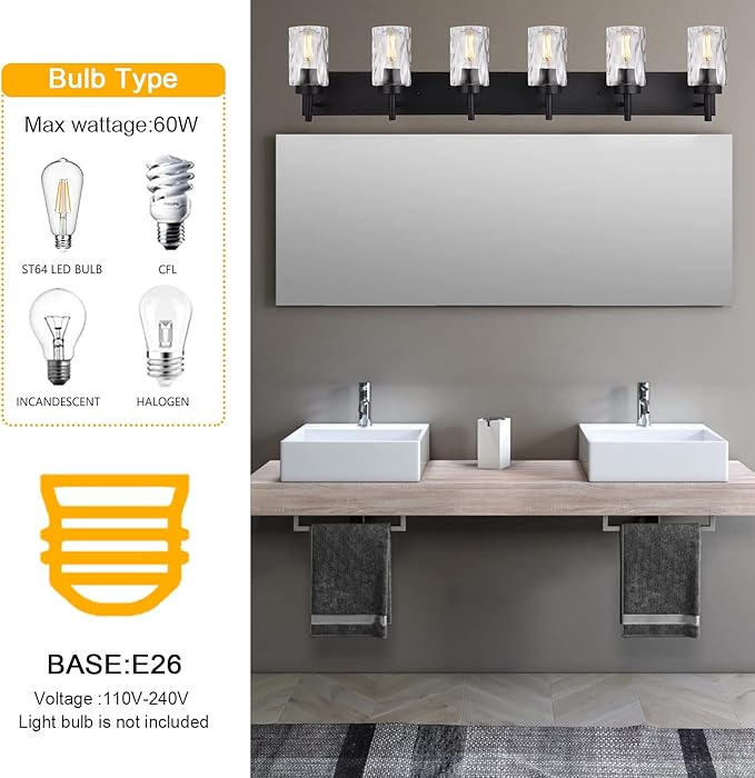 BONLICHT Transitional Bath Vanity Light Fixture 6 Light Black Wall Sconce Bathroom Lighting with Clear Hammered Glass, Industrial Farmhouse Metal Wall Mount Light for Kitchen Living Room Dining Room