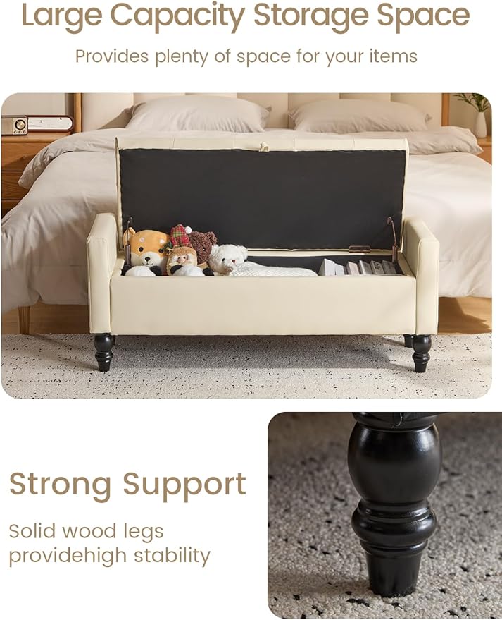 47" Storage Ottoman Bench, End of Bed Bench for Bedroom, Leather Upholstered Ottoman with Storage for Living Room, Entryway, Window (Beige)