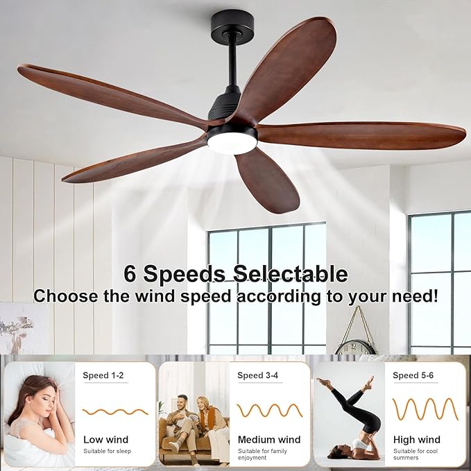 60 Inch Wood Ceiling Fans with Lights and Remote, Modern Outdoor Ceiling Fan with Light for Patio, Dimmable, 5 Blades, Wall Switch, Reversible DC Motor, Memory Function