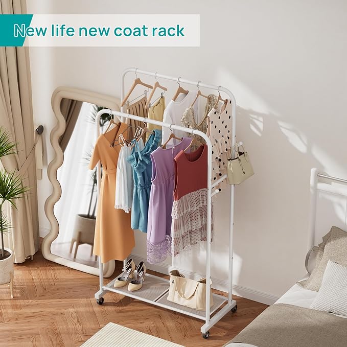 SINGAYE Clothing Rack Garment Coat Racks Drying Metal Freestanding for Hanging Clothes Portable With Wheels Closet for Laundry Bedroom White