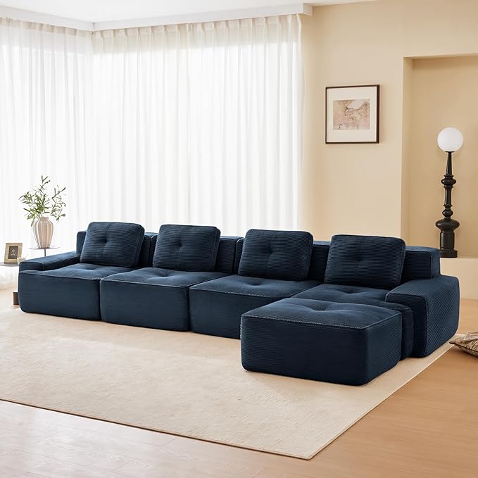 150" Modern Compressed Boneless Couch with Ottoman, 4 Seater Large L Shaped Sectional Couches for Living Room, Blue Corduroy Cloud Modular Sectional Sofa, Memory Foam, Extra Deep, No Assembly