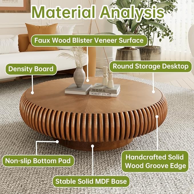 Brown Round Coffee Table for Living Room Round Fluted Drum Coffee Table Modern Fluted Coffee Tables for Living Room (Brown, 39.3 inch)