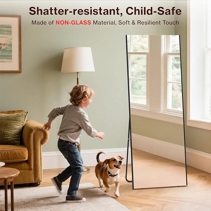 71"x26" Full Length Mirror with Stand, Lightweight & Easy to Move, Free-Standing Mirror for Dressing Room Bedroom, 3-in-1 Usage, Shatterproof Glassless Floor Mirror Kid & Pet Friendly (Black)