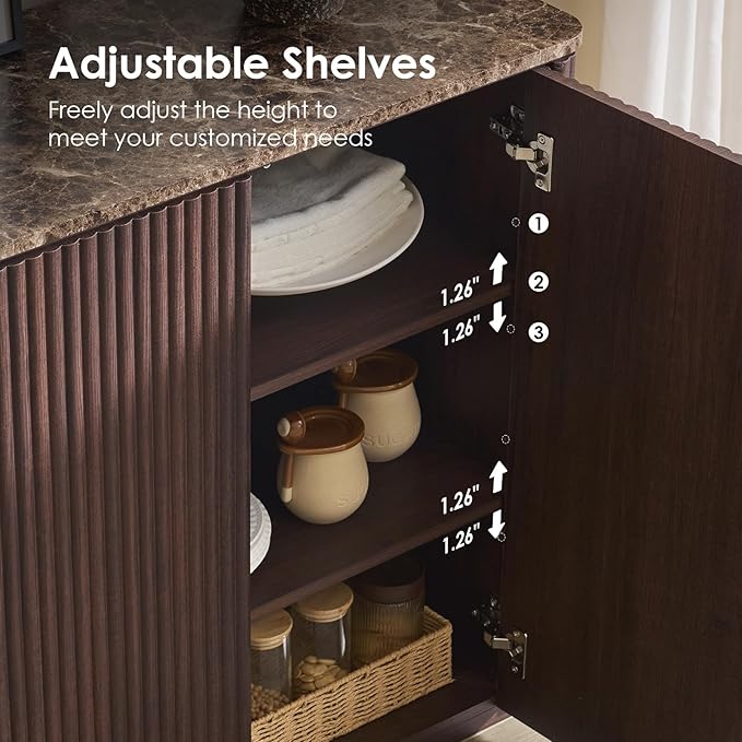 Fluted 2 Doors Sideboard Cabinet with Storage-Wooden Credenza w/Shelves, Faux Marble-Top Coffee Bar Console Table, Modern Buffet Cabinet for Dining, Kitchen, Living Room, Entryway, Dark Oak, 1pcs