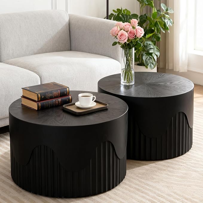 Round Nesting Coffee Table Set of 2, Round Fluted Coffee Tables for Living Room Modern Nesting End Side Tables for Small Spaces (E Black)
