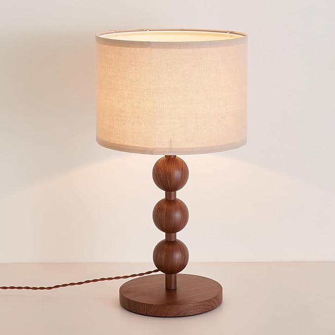 Bedside Nightstand Table Lamp for Bedroom Red Wood Pattern Iron Lamp with Fabric Shade, Mid Century Modern Farmhouse Table Lamp Desk Lamp for Living Room Home Office with LED E26 Bulb