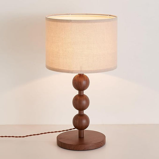 Bedside Nightstand Table Lamp for Bedroom Red Wood Pattern Iron Lamp with Fabric Shade, Mid Century Modern Farmhouse Table Lamp Desk Lamp for Living Room Home Office with LED E26 Bulb