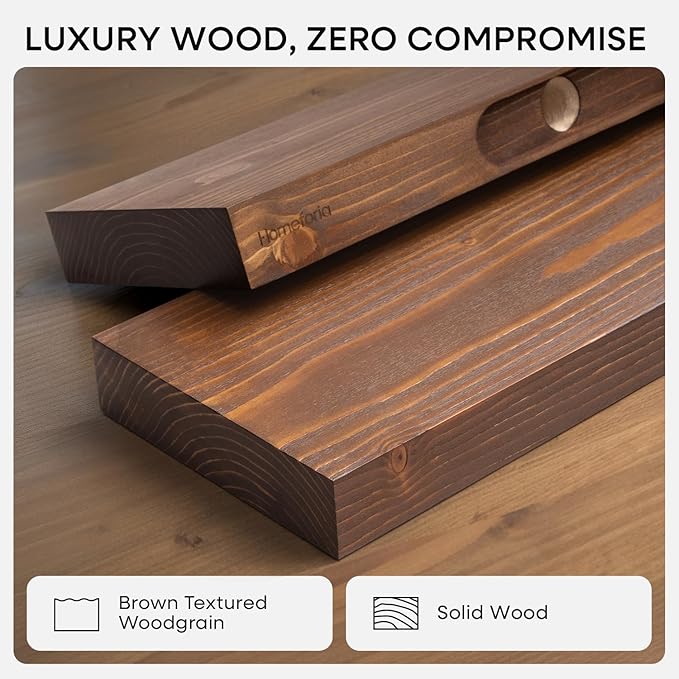 Homeforia Classic Walnut 42 inch Floating Shelf, High End Solid Real Wood Small 42inch Floating Shelves for Wall Mounted, 42in Floating Shelves, Heavy Duty Bracket, 42 X 6.5 X 1.75 inches, Set of 2