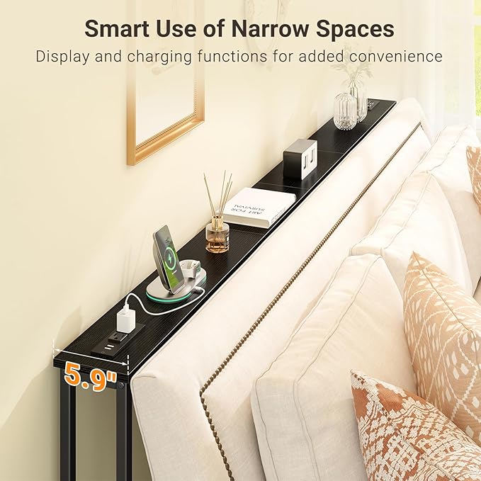 ELYKEN 94.5" Narrow Console Sofa Table with Power Outlet, 5.9'' Behind Couch Table with Charging Station, Long Entryway Tables for Living Room, Hallway, Black