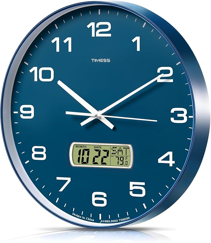 Wall Clock, 13" Dial Non-Ticking Silent Battery Operated Analog with LCD Display for Perpetual Calendar and F° Temperature, Ideal Modern Home, Office Decor (Blue)
