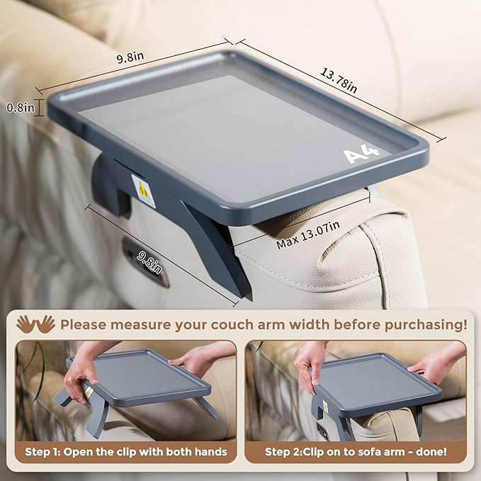 Couch Armrest Table, Foldable Bamboo Sofa Arm Tray for Couch with a Non-Slip Pad, Clip On Couch Arm Table for Remotes/Eatting/Drinks, Fits Sofa Armrest 3.5"-13.5" Gray