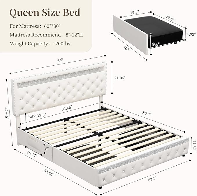 Queen Led Bed Frame with 2 Drawers, Modern Sturdy Adjustable Upholstered Crystal Button Tufted Headboard Platform Bedframe with Storage, No Box Spring Needed, Noise-Free, Easy Assembly, Velvet Cream