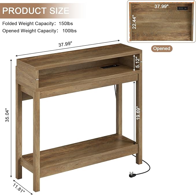 Foldable 38" Console Table with Charging Station & Storage, Side Table with Charging, Entryway Table with Anti-Tip Design,Rustic,Rustic Brown