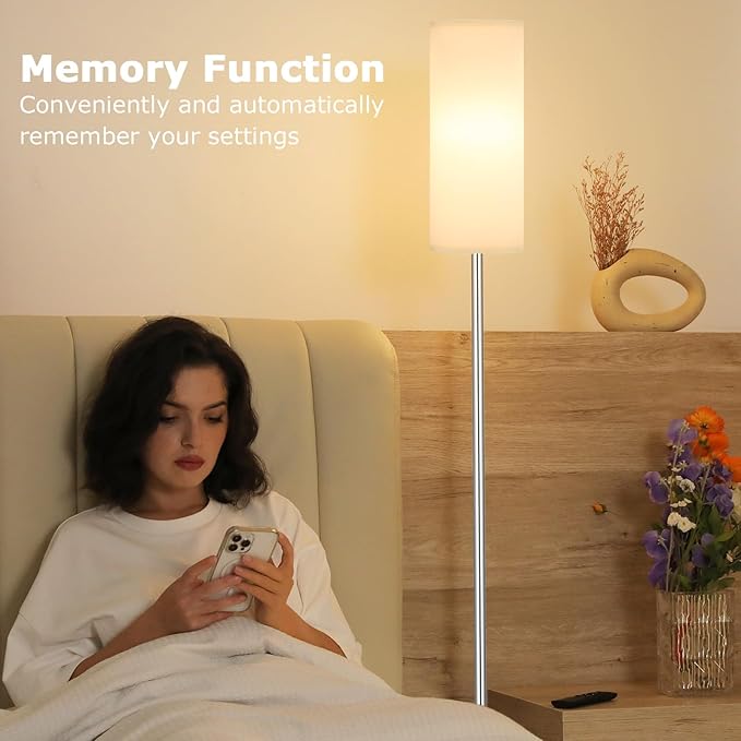 Ambimall 64'' Floor Lamps for Living Room with Remote Control and Stepless Dimmable Colors Temperature & Brightness, 9W Bulb Included(White Lampshade & Silver Pole)