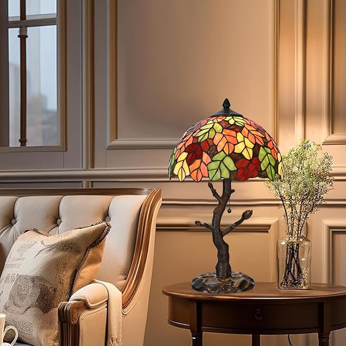TL0021 Maple Leaves Tiffany Table Lamp Stained Glass Shade Reading Desk Light 12 X 20 Inches for Bedroom Living Room, Handcrafted Art Deco for Home Office, LED Bulb Included (Maple Leaves)