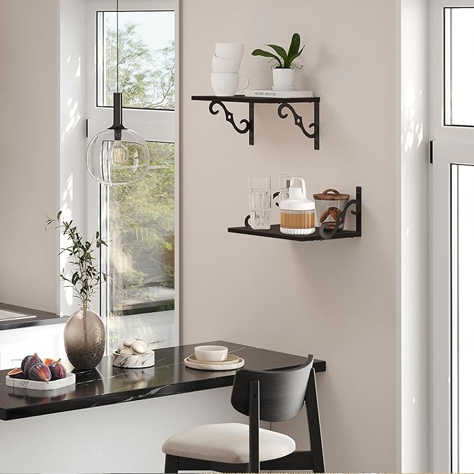 DINZI LVJ Deep Floating Shelves, 16" W x 12" D Wall Shelves Set of 2, Wide Display Shelf Wall Mounted with Brackets, Easy-to-Install Bookshelf for Living Room, Bathroom, Bedroom, Espresso