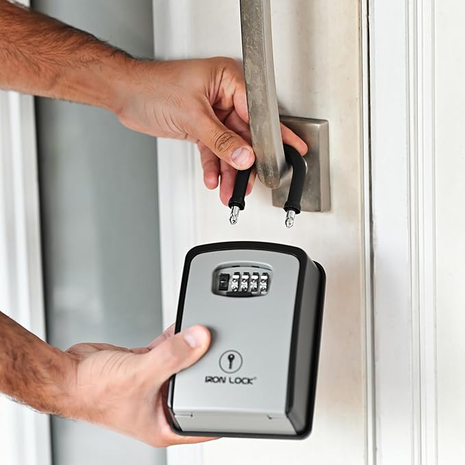 Iron Lock® Key Lock Box Portable with U-Shackle – XXL Waterproof Heavy-Duty Metal Safe with 4-Digit Combination for Spare Keys Outside on Door Knob, Fence or Gate (Grey, XXL)