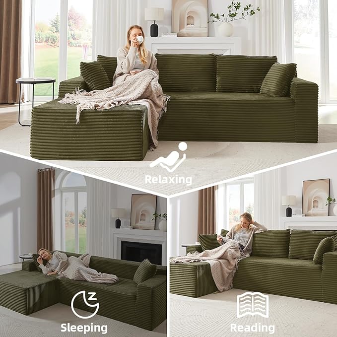 104 Inch Cloud Sectional Couch with L-Shape Chaise,Modern Upholstered Couches with Deep Seat,Corduroy Sponge Compressed Sofa for Living Room,No Assembly Required (Green)