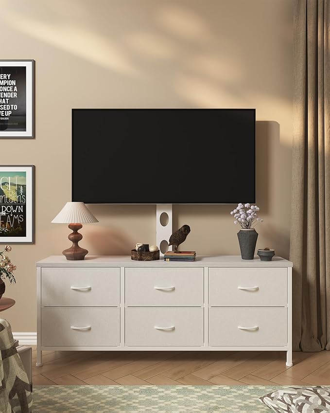 TV Stand with Mount, Fabric Dresser with 6 Drawers for 32/45/55/60/65/75 inch TVs, White Dresser Entertainment Center, Modern Media TV Console Table